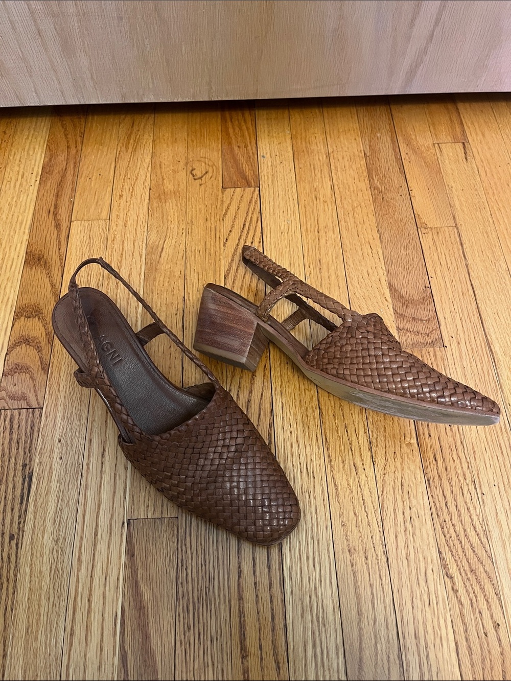 St. Agni Woven Leather Slingback Block Heel Pumps - Brown